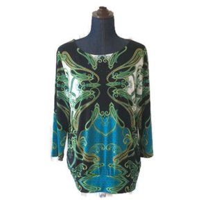 JM Collection blouson top green black paisley